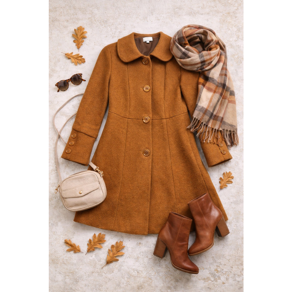 Debra Rodman Camel Brown Wool Coat Size 2 Flare Hem Retro Mod Style Jacket